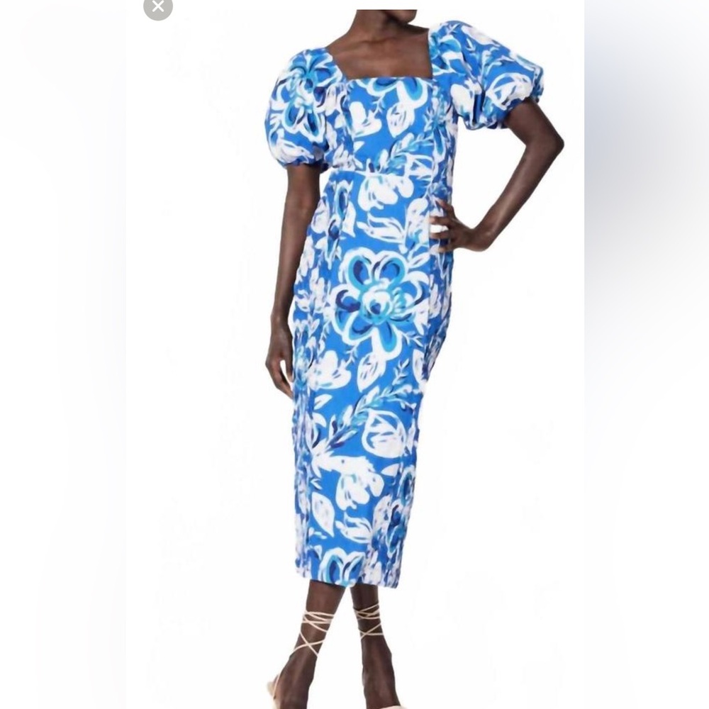 NWT Cleobella Zora Puff Sleeve Midi Dress in Azure Print Blue Size S